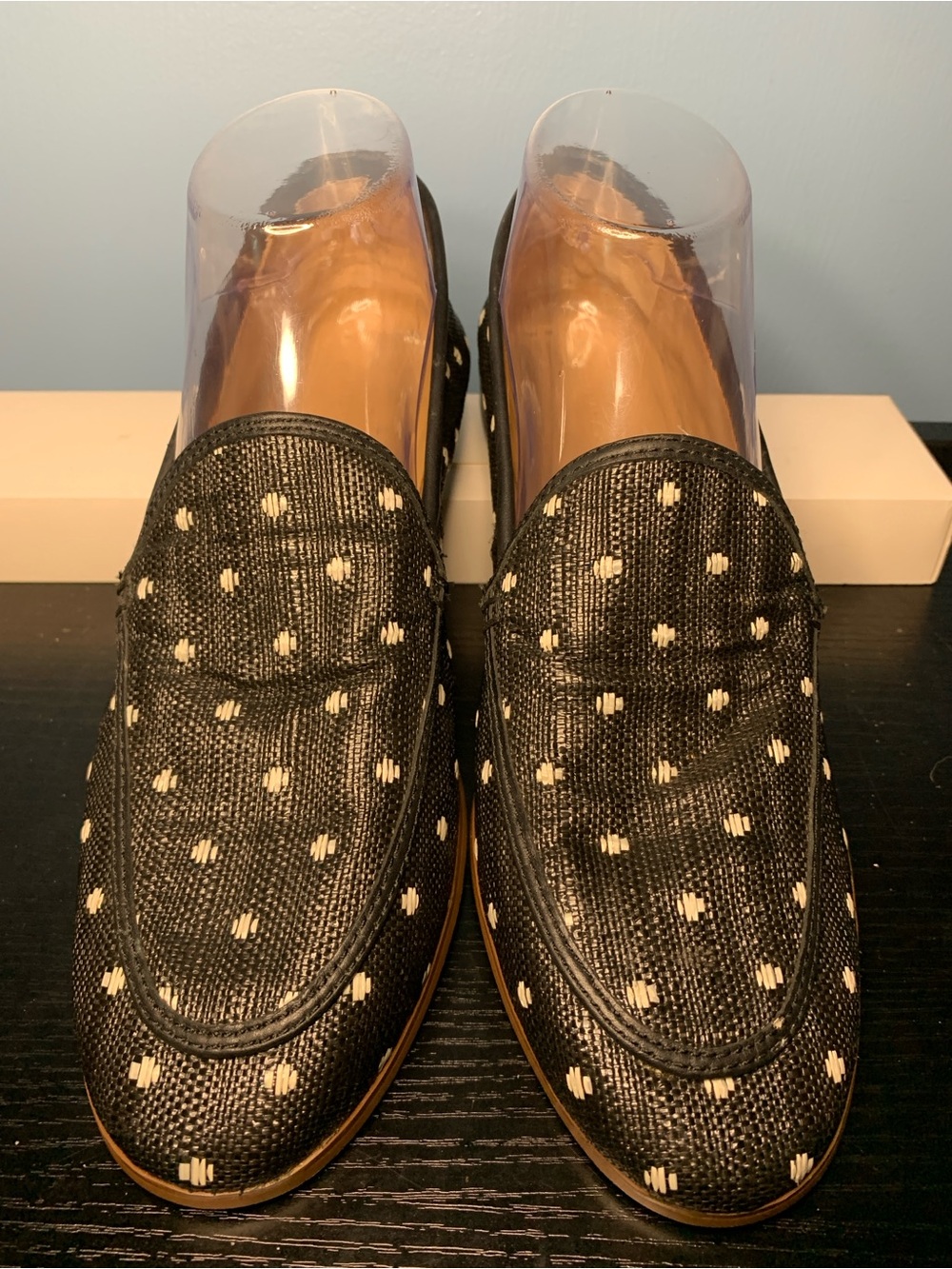 Banana Republic Black with White Polka-Dot Slip-On Raffia Loafers